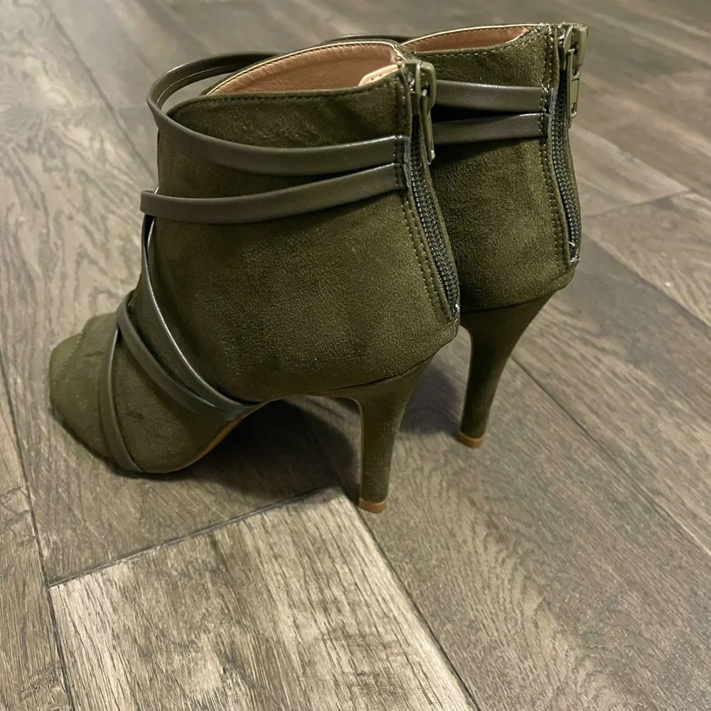 Olive Green Suede Lace-Up Heeled Booties | Open Toe Stiletto | Size 6